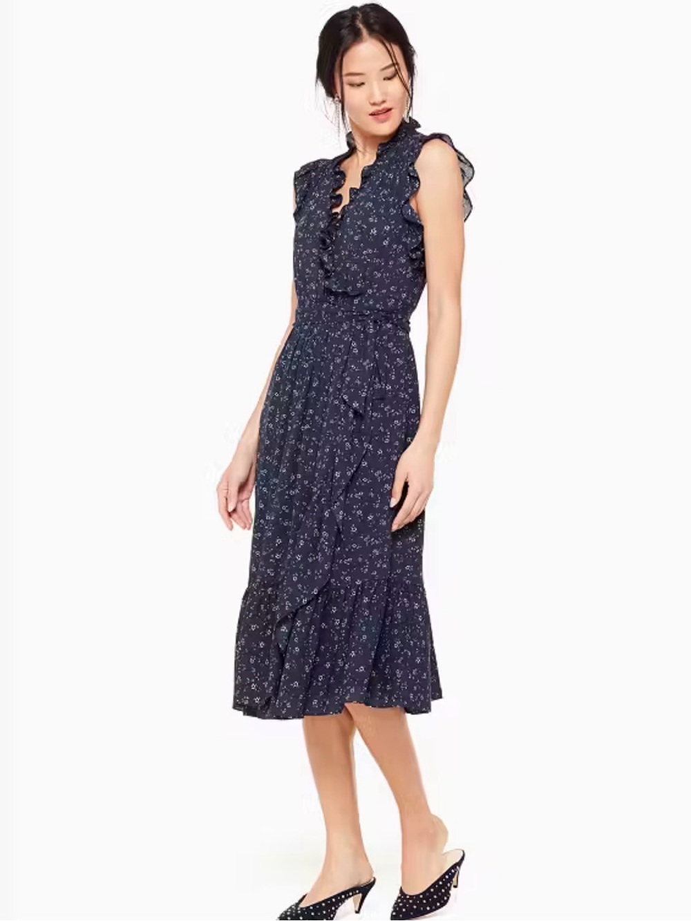 kate spade Navy Floral Ruffle-Trim Waist Belt Midi Dress Size 0 NWOT